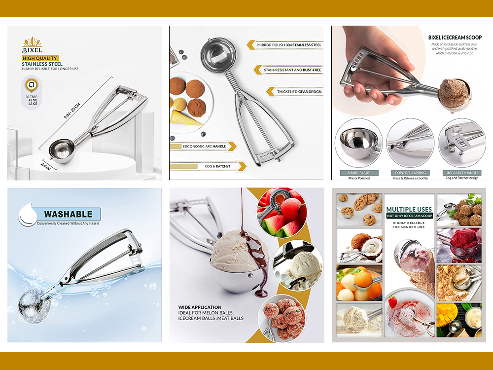 Bixel ice cream scoops Amazon listing graphics — Techntec digital marketing agency Pakistan