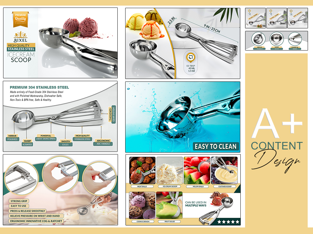 Bixel stainless steel ice cream scoop Amazon A+ content design — Techntec digital marketing agency Pakistan