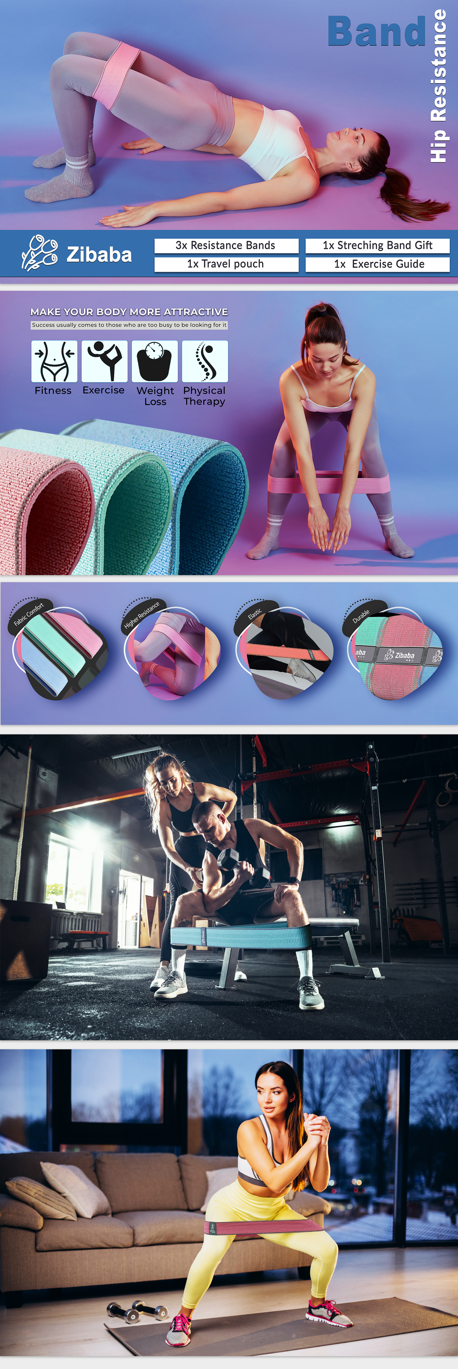 Zibaba hip resistance bands Amazon A+ content design — Techntec digital marketing agency Pakistan