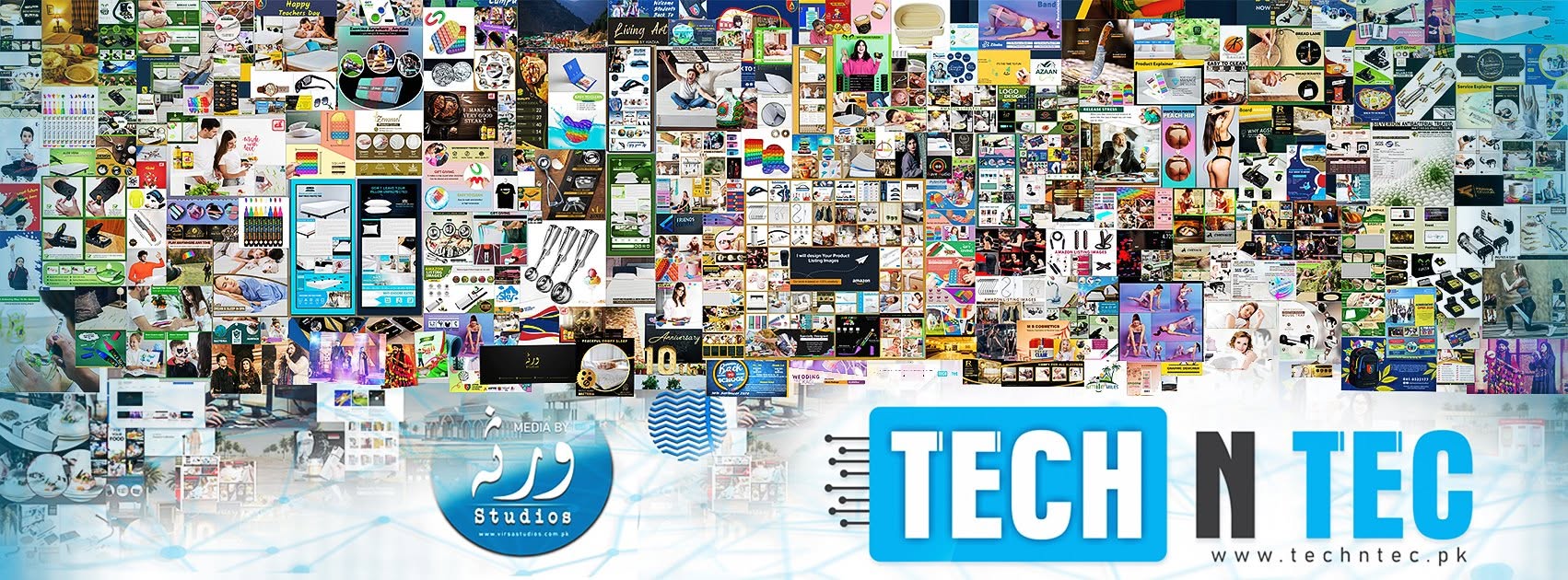 Collage of Techntec design work — Amazon listings, social media creative, branding and video production